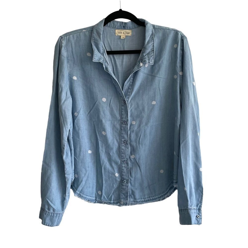 ANTHRO Cloth & Stone Blue Chambray Polka Dot Shirt Blouse M